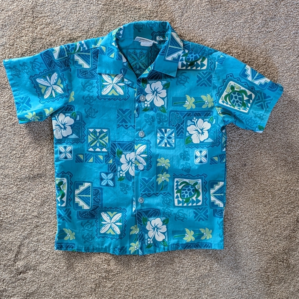 Boys Hinalea Blue Hawaiian Print Shirt Size 7